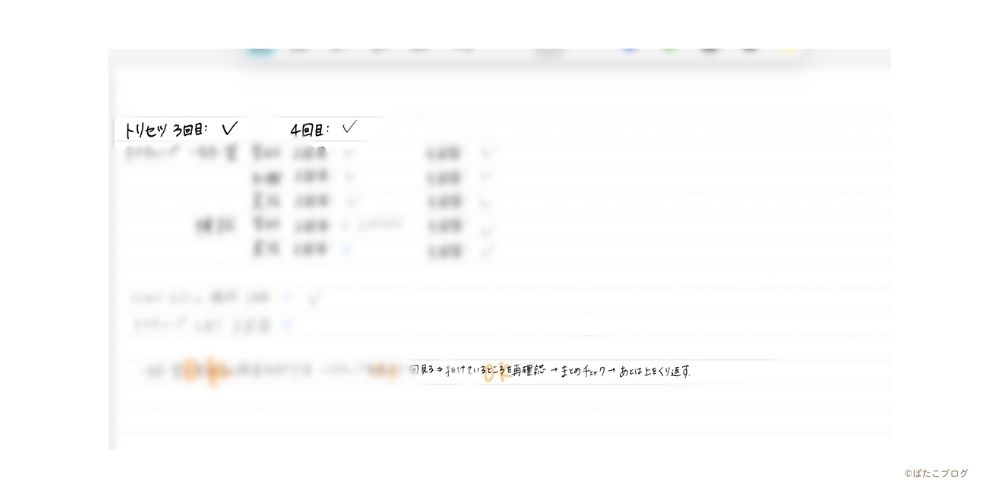 GoodNotesで作成したFP3級学習の進捗チェックメモ。回数と進め方をシンプルに管理しているページ。