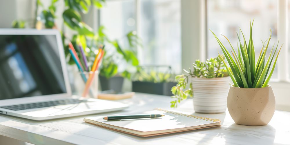 明るいデスクでノートとパソコンを使って勉強している雰囲気の写真