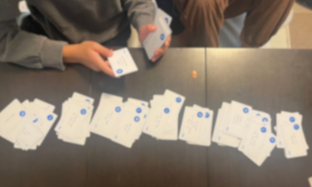 大ピンチずかんカルタを大ピンチレベル順に並べている様子（ぼかし加工）