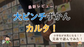 大ピンチずかんカルタのレビュー用アイキャッチ画像。小学生が本気になるカルタとして、兄弟で遊べる様子を紹介する記事のタイトルデザイン。