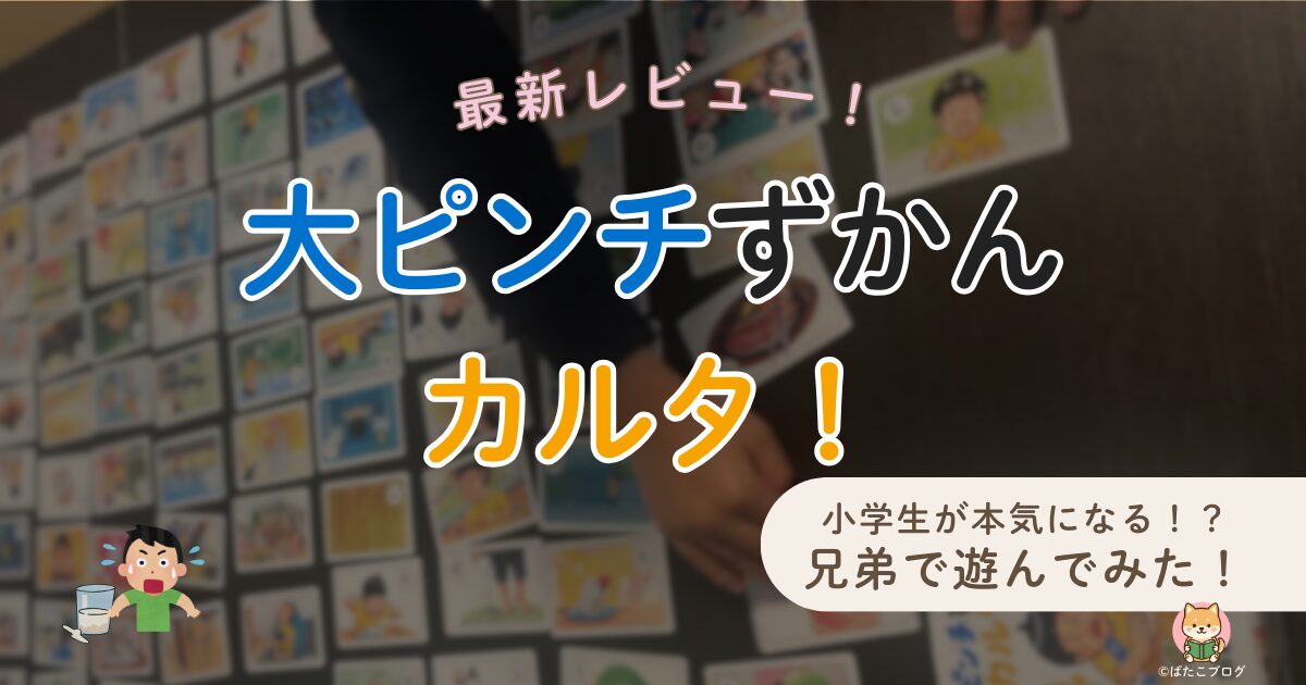 大ピンチずかんカルタのレビュー用アイキャッチ画像。小学生が本気になるカルタとして、兄弟で遊べる様子を紹介する記事のタイトルデザイン。